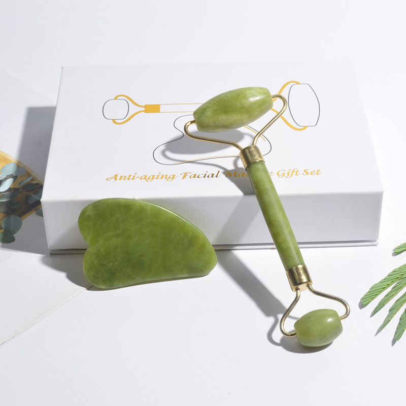 Jade Roller Gua Sha - Rodillo Facial de Jade Natural, Gua